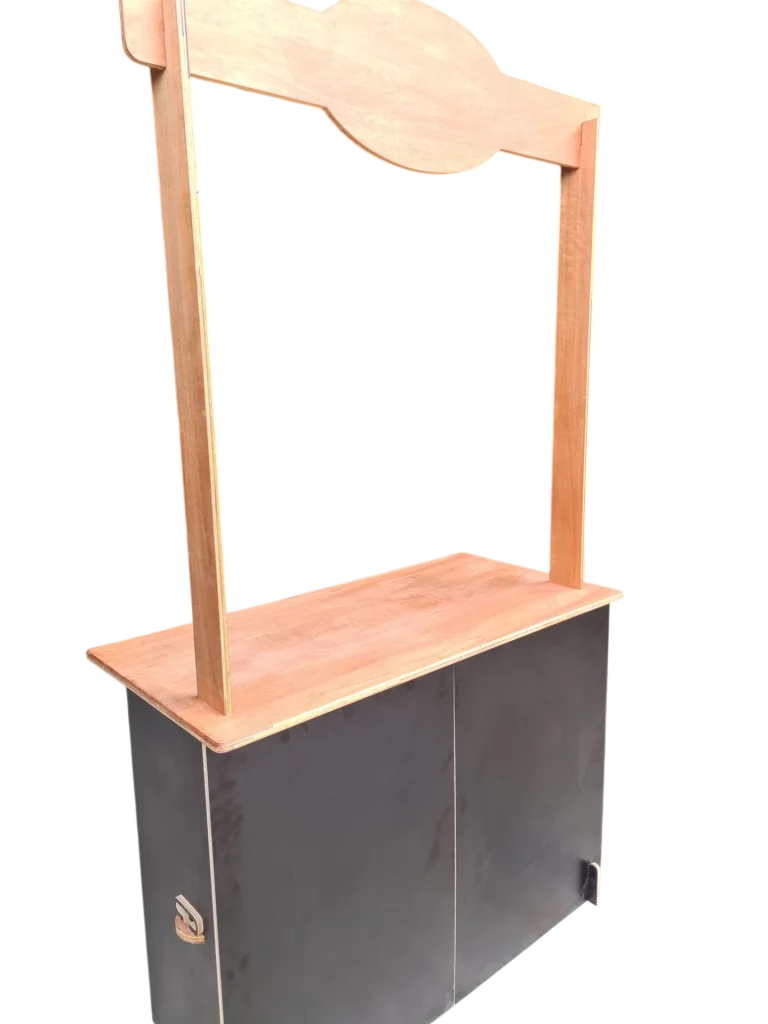 Front view, standard booth in hardwood with black facade